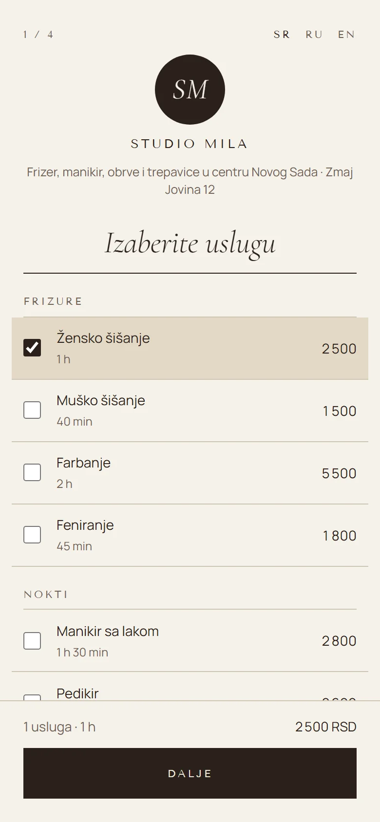 Izbor usluge na stranici za zakazivanje